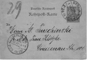 A German 'Pneumatic Post' card, Rohrpost-Karte, issued for transmission in the pneumatic postal system.