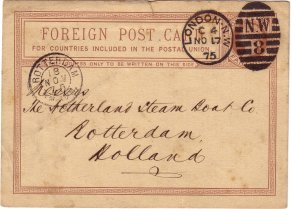 Great Britain's first postcard for foreign use, issued in July 1875.