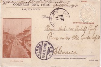 A 1899 used postcard of Peru with view vignette of 'Calle de Mercaderes' in Lima.
